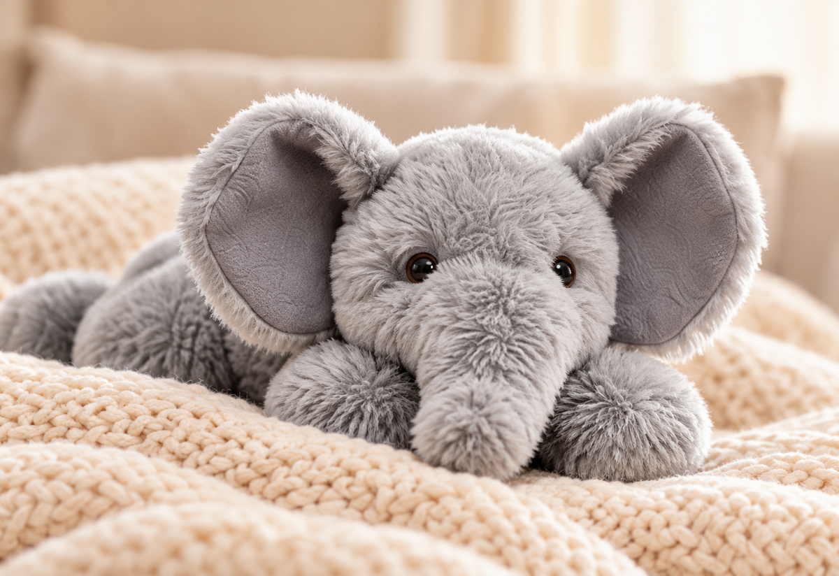 Tai Elephant on a cream knitted blanket