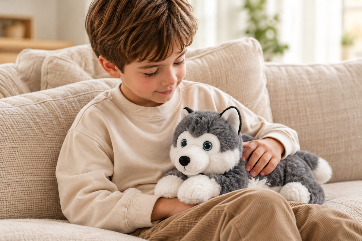 Child cuddling Scout Husky