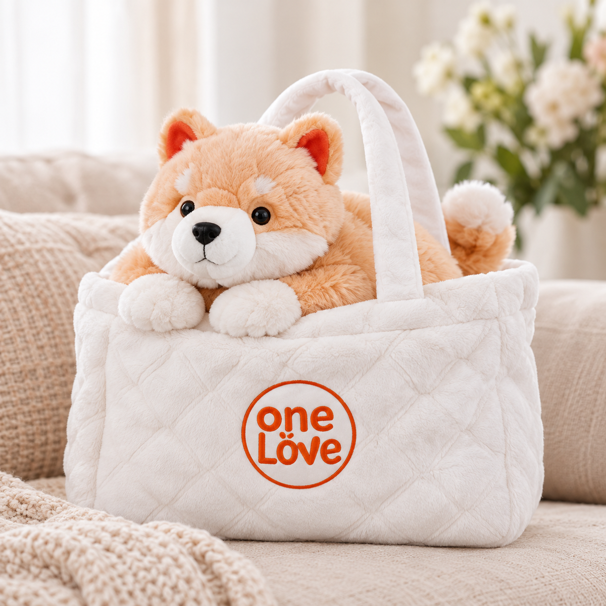 Juno Shiba Inu in a One Love tote